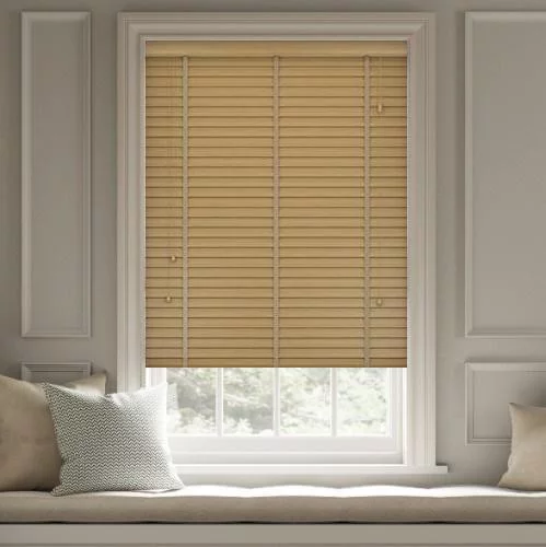 Wood Impressions Spiced Oak with Tapes Faux Wood Blind | Blinds.Online